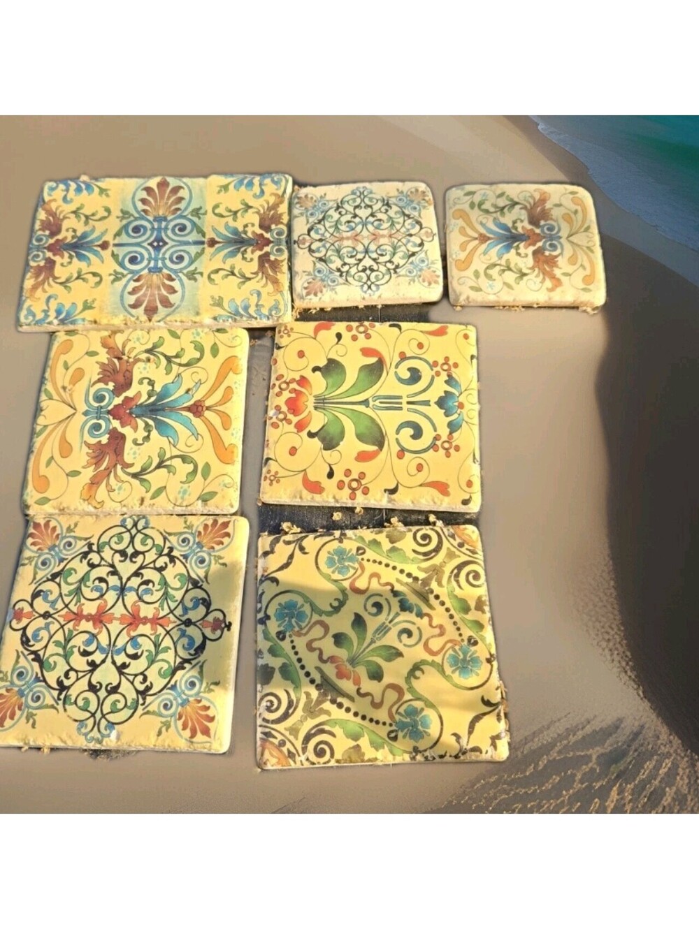 7 Ceramic Tiles Wall Flooring 2 @ 4X4", 4 @ 5X5", & 1 @ 7X5" Yellow Base Color.